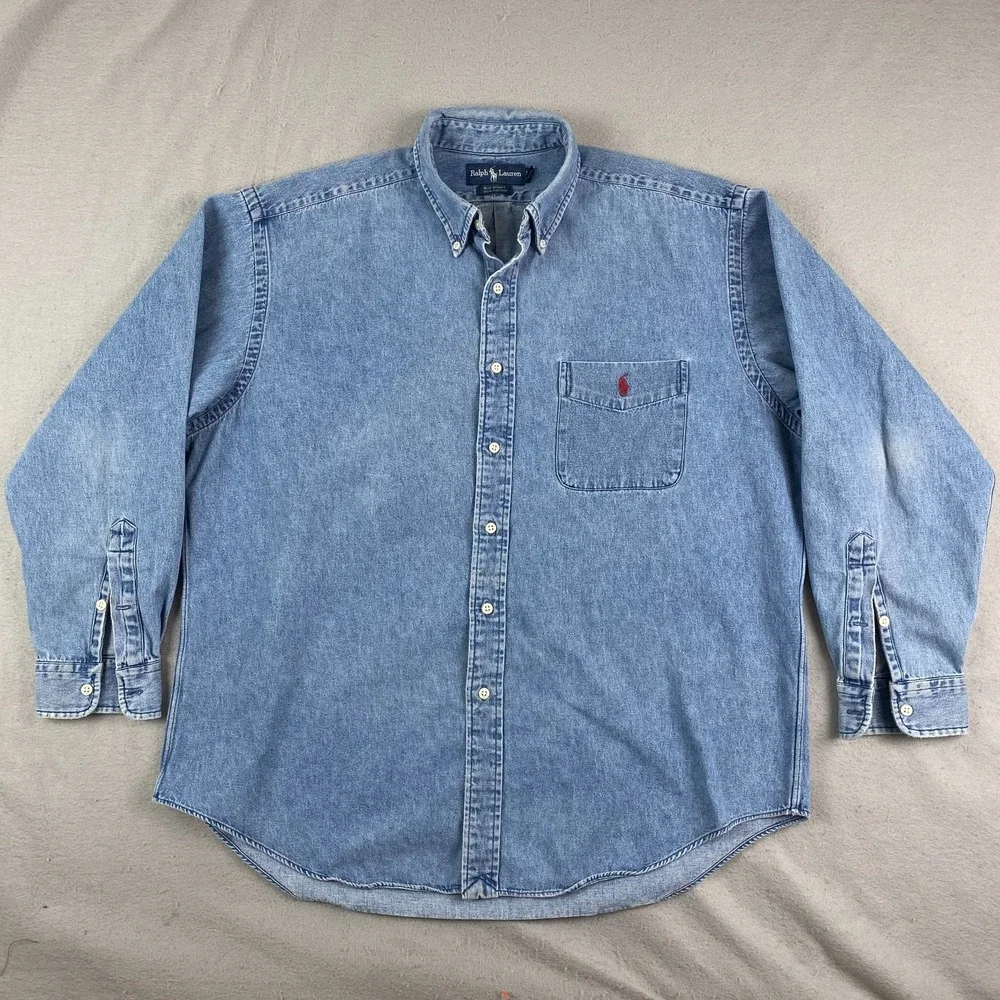 Vintage Polo Ralph Lauren Big Shirt Denim Button Down Men Large Blue Pocket Pony